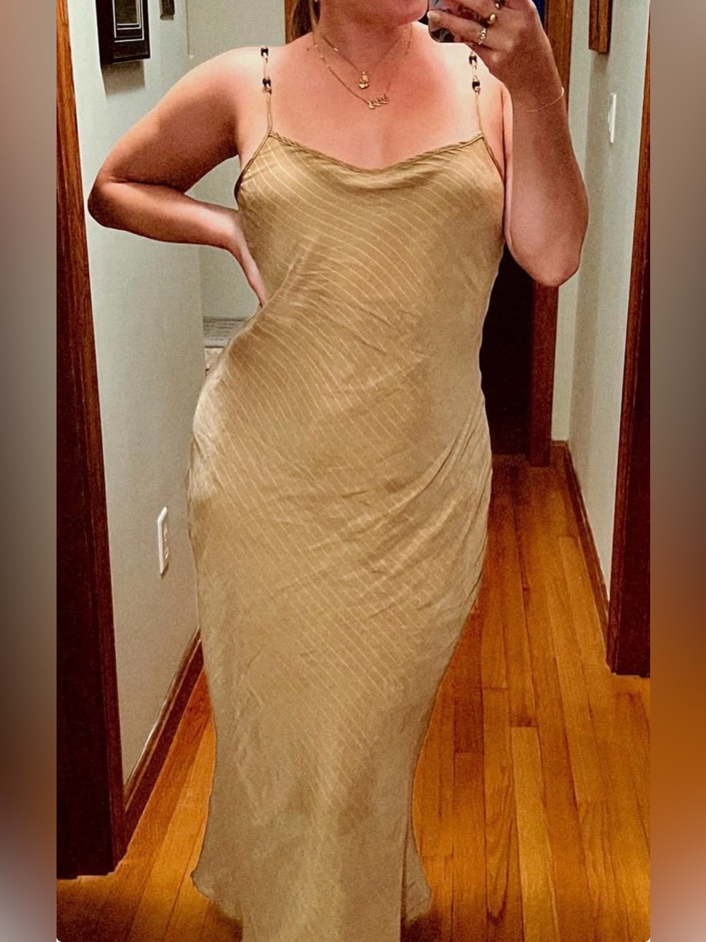 VRG GRL Taupe Stripe Maxi Slip Dress with Beaded Adjustable Straps